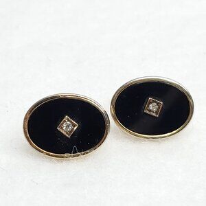 Vintage Anson Black Onyx Cufflinks Gold Tone Rhinestone Center Oval READ